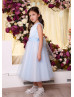 Pearl Neck Sky Blue Satin Polka Dot Tulle Flower Girl Dress